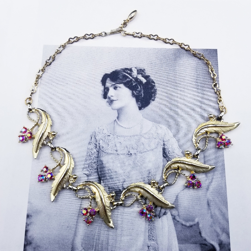Vintage red Aurora Borealis goldtone leaf necklace